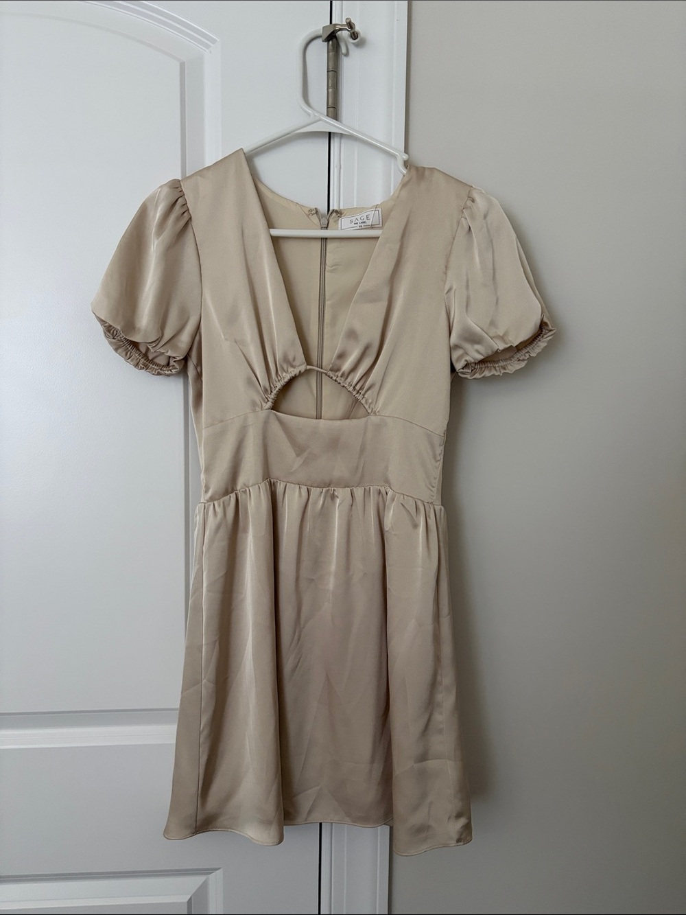 Sage Champagne Satin Puff-Sleeve Mini Dress